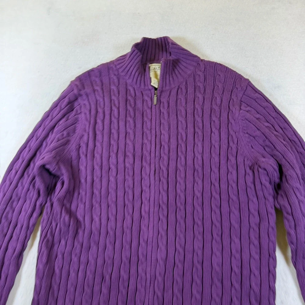 LL Bean Mens Large Purple Cable Knit Full Zip Cotton Sweater Mock Neck Cardigan